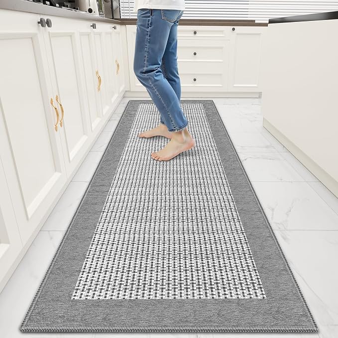 StepRite Kitchen Rugs, Kitchen Mats for Floor, 70"x20" Non-Slip Machine-Washable Kitchen Throw Rug, Light Grey