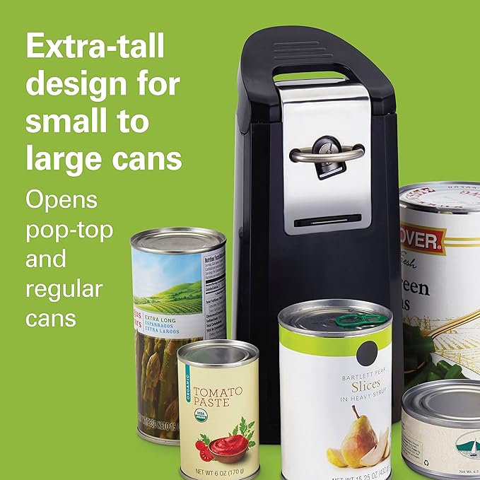 Hamilton Beach Smooth Touch Electric Automatic Can Opener Easy Push Down Lever, For All Standard-Size and Pop-Top, Extra Tall, With Bottle Opening Accessory and Built-In Knife Sharpener, Black