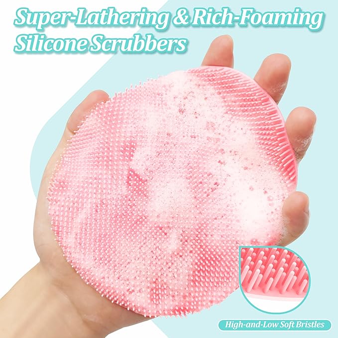 Silicone Back/Body/Face Scrubber & Lymphatic Contour Face Brush Set 4PCS, 13.4'' Soft Back Scrubber, 360° Anti-Slip Bath Glove, Unique Side-bristled Face Scrubber for All-Round Cleaning(Pink)