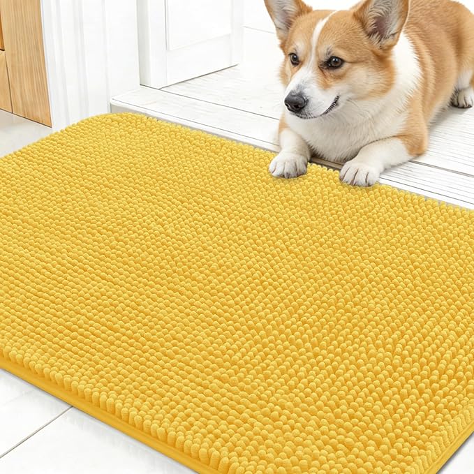 OLANLY Dog Door Mat for Muddy Paws 30x17, Absorbs Moisture and Dirt, Absorbent Non-Slip Washable Doormat, Quick Dry Chenille Mud Mat for Dogs, Entry Indoor Entryway Carpet for Inside Floor, Yellow