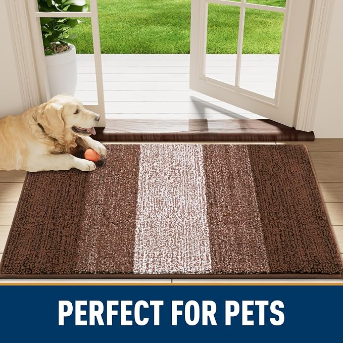Smiry Dog Door Mat for Muddy Paws, Absorbs Moisture and Dirt, Low-Profile Entryway Mat with Non-Slip Backing, Entry Indoor Outdoor Doormat for Inside Floor (59x20 Inches, Brown, Striped)