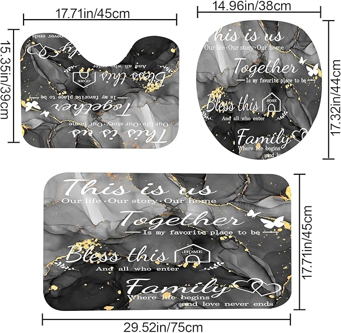 4Pcs Family Marble Shower Curtain Set,Dark Grey Home Inspirational Bathroom Sets with Shower Curtain and Rugs, Bathroom Decor Set,Waterproof Bathroom Curtains Shower Set,with 12 Pcs Hooks