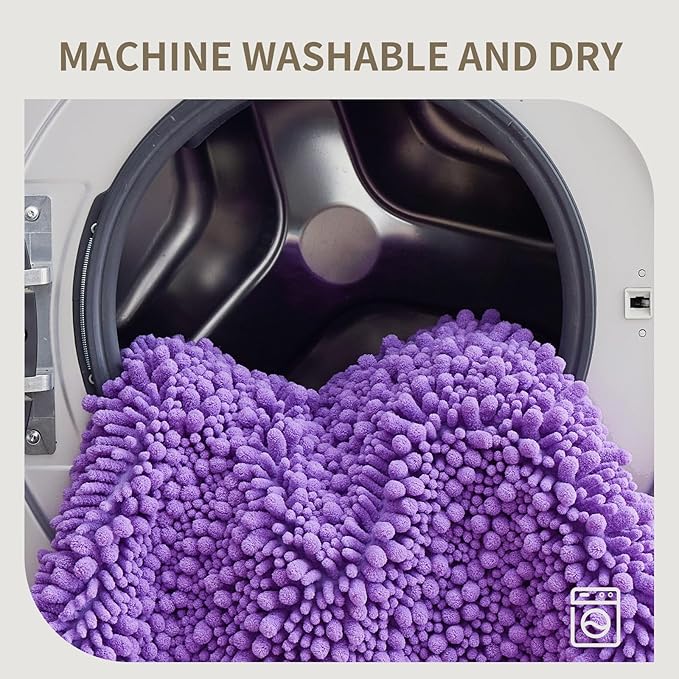 Bathroom Rugs Non Slip Washable, Extra Thick Soft Chenille Absorbent Bath Mat, High Density Barrier Non Slip Backing, Quick Dry Plush Shaggy Floor Carpet for Tub&Shower 24x17, Purple