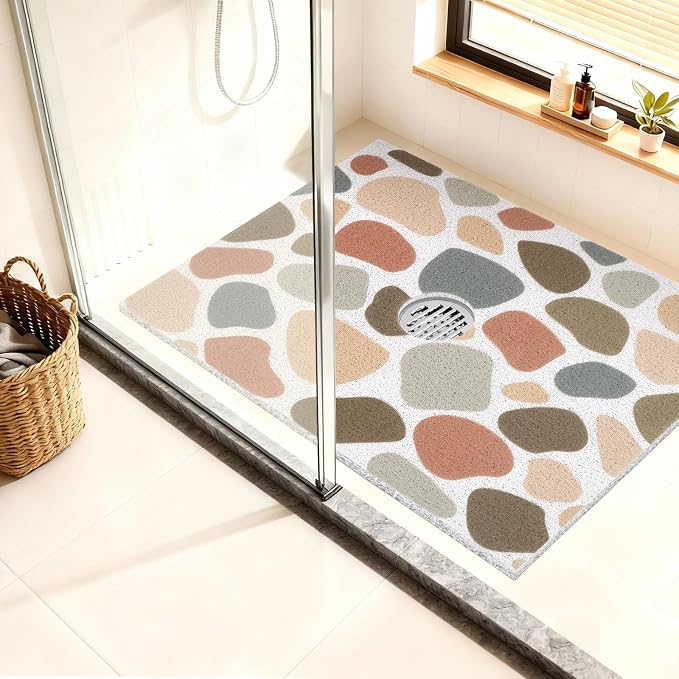 Non Slip Shower Mat: 32x24 Inch Extra Large Shower Mats for Inside Shower with Drain Hole in Middle - Soft PVC Loofah Anti Slip Shower Floor Mat for Standing and Walk-in Shower, Quick Drying