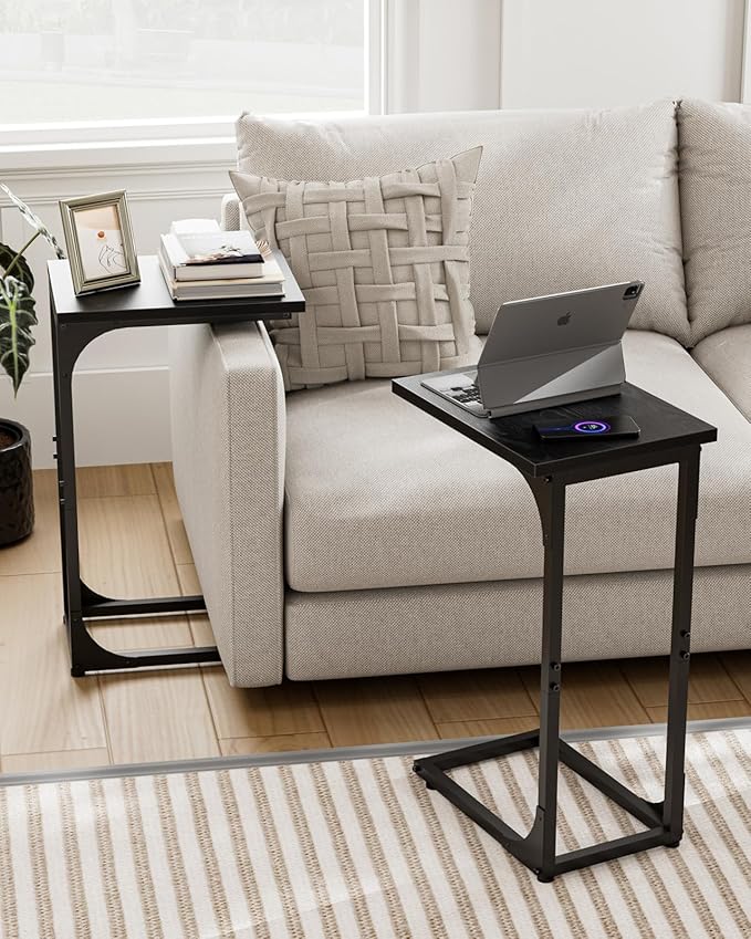 C-Shaped Side Table for Couch - Small Coffee Stand Sofa Tray Desk with Metal Frame and Waterproof Scratch Resistant, Modern End Accent for Living Room, Bedroom, Small Spaces, Black