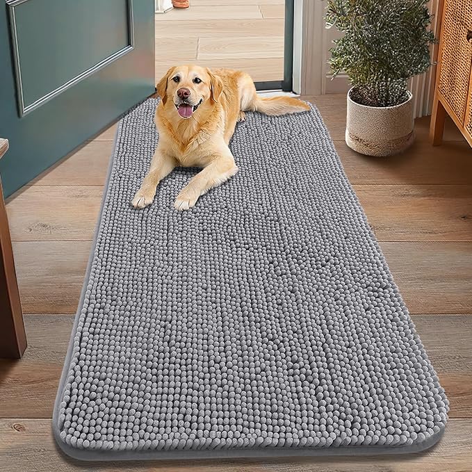 Smiry Dog Door Mat for Muddy Paws 48x30, Absorbent Dirt Trapper, Non-Slip Washable Chenille Entryway Rug for Inside Floor, Grey, Classic Solid