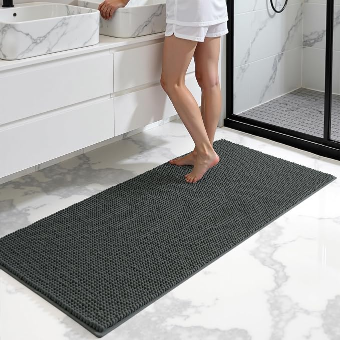 SUBRTEX Bathroom Rugs, 24" x 55" Chenille Bath Rug Soft Short Plush Bath Mat Soft Shower Mat Water Absorbent Shower Mat Quick Dry Machine Washable, Gray