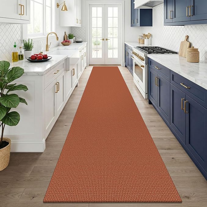 KOZYFLY Orange 3x14 Runners Rugs for Hallway, Long Washable Runner Rug, Woven Non Slip Kitchen Runner, Flatweave Entryway Rug, Floor Carpet for Entry, Aisle, Hall, Burnt Orange/Tan