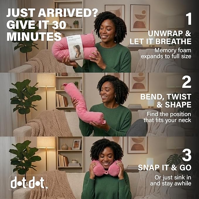 Dot&Dot Twist Memory Foam Travel Pillow for Airplanes - Neck Pillow for Sleeping - Airplane Pillow for Neck Support, Chin, Lumbar and Leg - Bendable Neck Roll Pillow Travel Essentials