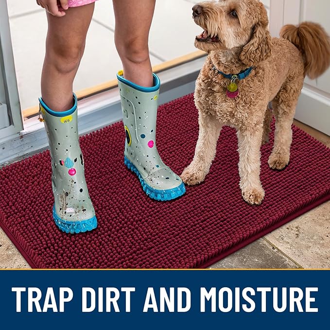 Smiry Dog Door Mat for Muddy Paws 59x24, Absorbent Dirt Trapper, Non-Slip Washable Chenille Entryway Rug for Inside Floor, Burgundy, Classic Solid