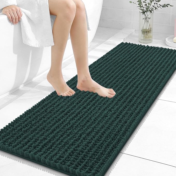 OLANLY Long Bathroom Rugs Runner 47x17, Thick Soft and Absorbent Chenille Bath Mat, Non-Slip, Machine Washable Quick Dry Bath Rugs for Tub Shower Floor, Home Decor Accessories, Blackish Green