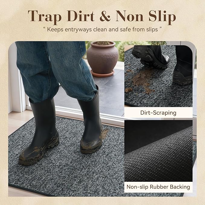 MontVoo Door Mat Indoor Entrance Doormat, Absorbent Durable Rubber Non Slip Front Door Mat for Inside Entry Entryway Dirt Trapper Welcome Mat, Darkgrey 24''x36''