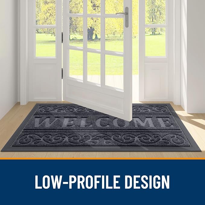 OLANLY Welcome Door Mat Indoor Outdoor Entrance, Heavy Duty Sturdy Front Door Mat, Waterproof All-Weather Doormat, Stain Resistant, Low Profile, Easy Clean Patio Entryway Mat, 47 x 24, Medium Grey