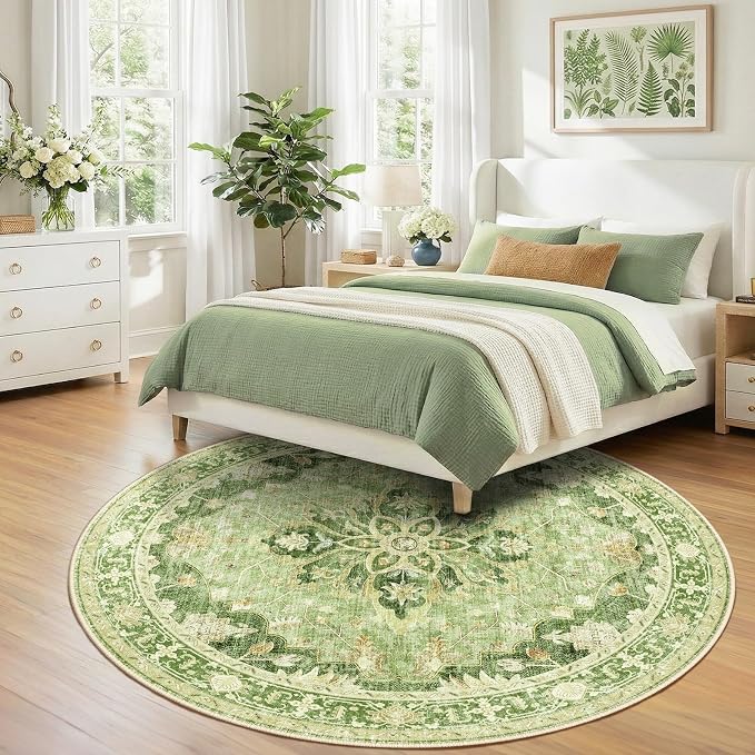 RELEANY Area Rugs Round 8ft Washable Non-Slip, Floral Vintage Distress Medallion Carpet for Living Room Bedroom Dining Room, Sage Green Yellow