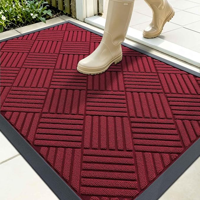 OLANLY Front Door Mat Outside Entrance 35x23, Absorbent, Heavy Duty Sturdy Natural Rubber Doormat Indoor Outdoor, Stain Fade Resistant, Non-Slip Low Profile Floor Mat for Entryway, Black Red Diamond