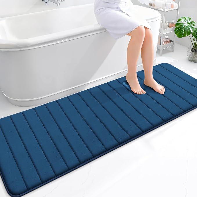 OLANLY Memory Foam Long Bathroom Rugs Runner 70x24, Super Soft Absorbent Bath Mat, Quick Dry, Machine Washable Shower Floor Rugs, Bathmat Carpet, Bathroom Home Decor Accessories, Navy Blue