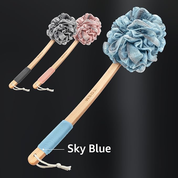 Toem® Loofah Back Scrubber for Shower | Bamboo Charcoal Fiber Infused | Loufas for Men & Women | Includes 1 Long Handled Shower Sponge, 1 Bath & Shower Luffa Pouf & 1 Hook to Hang Stuff (Sky Blue)
