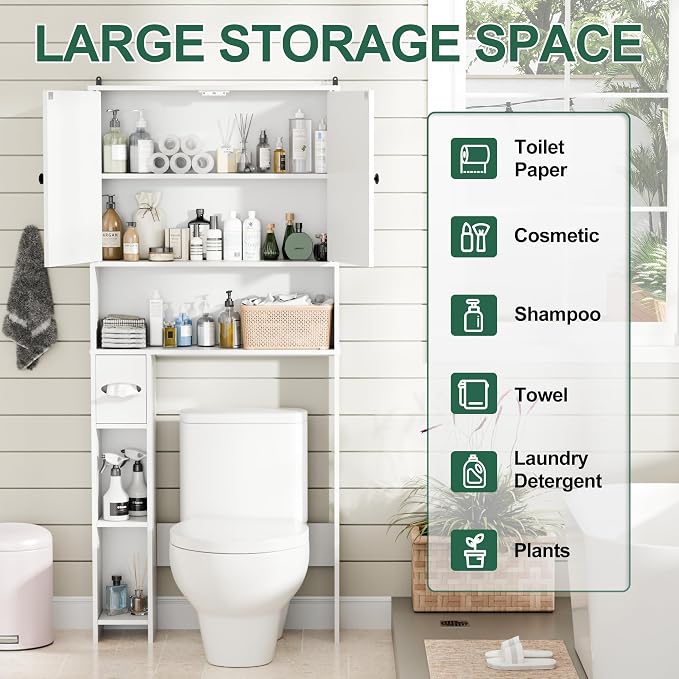 Over The Toilet Storage Cabinet with Barn Doors, Freestanding Bathroom Space Saver Organizer Over Toilet with Adjustable Shelves & Toilet Paper Holder, Waterproof Bathroom Cabinet, White