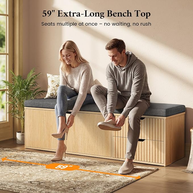 59" Storage Bench with Drawer, 2-Tier Shoe Bench with Doors, Long Entryway Bench, Thickened Cushion, Adjustable Shelf, Fluted Design for Entryway, Bedroom, Living Room, Natural