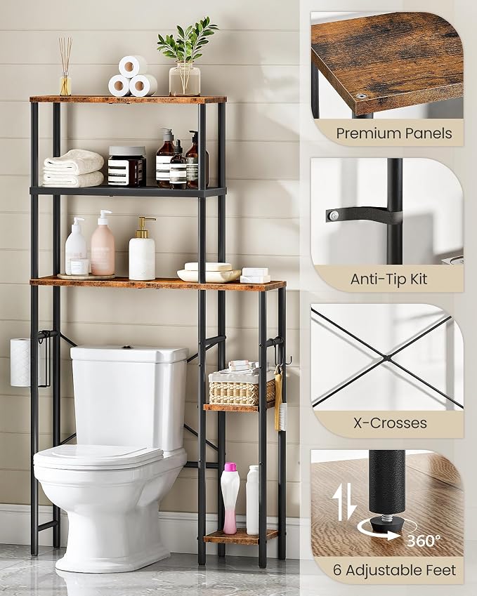 CHOEZON Over The Toilet Storage, 6-Tier Bathroom Organizer Shelf, Over-Toilet Storage Cabinet with Toilet Paper Hook, Space Saving, for Bathroom, Laundry, Entryway, Rustic Brown and Black TTS02BF