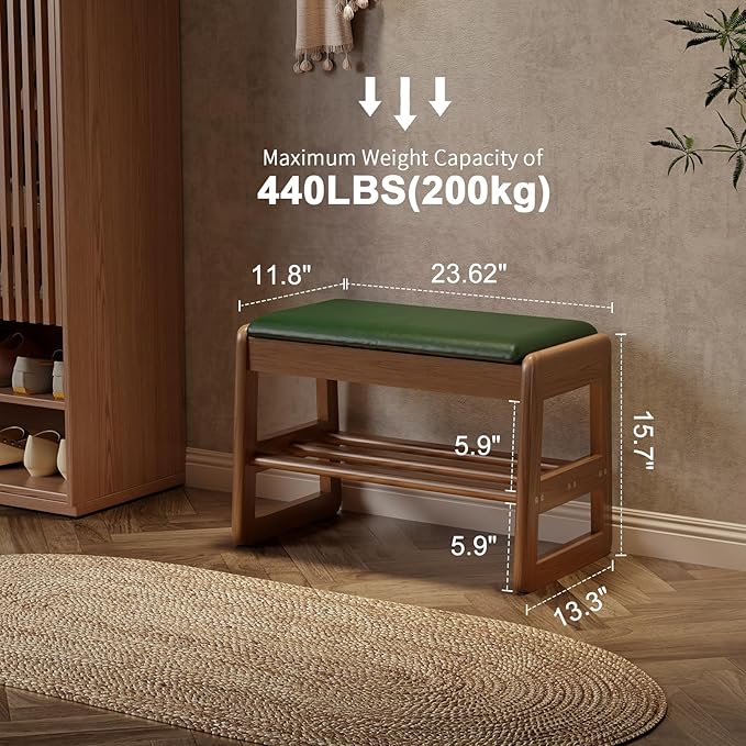 AQIMUELE Shoe Rack Bench,2 Tiers Shoe Bench with Storage with Flip-Top,Wood Shoe Rack for Entryway,Hallway（Green Upholstered Seat,11.8" D x 23.62" W x 15.7" H