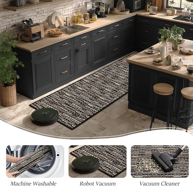 Kitchen Rugs Sets of 2-Non Slip Kitchen Mats for Floor-Thick Stain Resistant Vintage Kitchen Floor Mat Runner Carpet for Hallways Entryway Laundry Room Washable（Black 24"x70"+24"x35"）