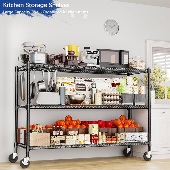 Heavy Duty Shelving, 51.6" H Garage Shelving Unit with Wheels, 3-Tier Garage Storage Shelves Metal Shelves Rack, Adjustable Industrial Shelving for Warehouse Storage, 60" W x 24" D x 51.6" H, Black
