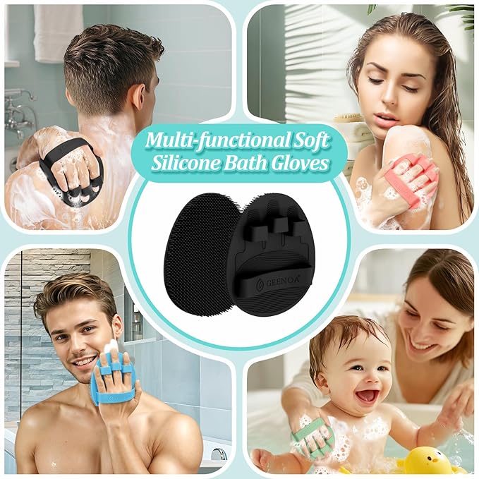 Silicone Back Scrubber & Bath Glove Set 2PCS, 13.4'' Gentle Shower Back Scrubber with Dual-Side Head Non-Slip Handle, 360° Anti-Slip Hand-fit Bath Glove for Rich Foaming Deep Cleaning(Black)