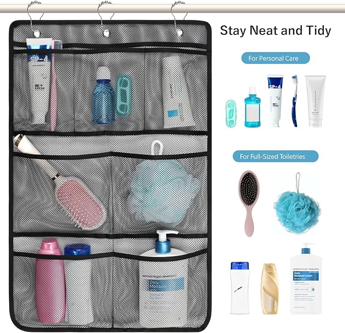 F-color Cruise Essentials 2026 - Mesh Shower Organizer Hanging with 7 Pockets for RV Gym Camping, Quick-Dry Portable Toiletry Bag with Metal Hooks for Bathroom Travel Toiletries, Black+Black