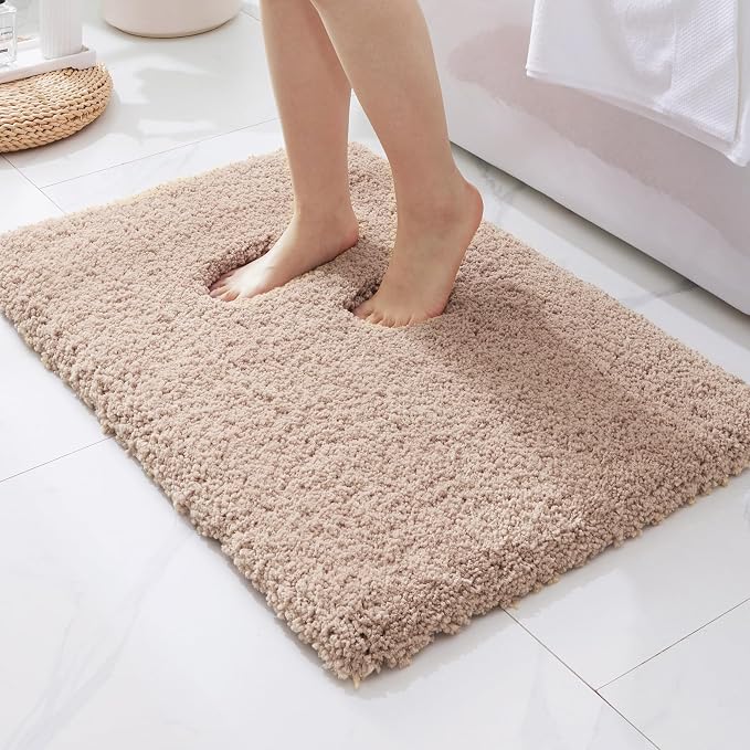 ILANGO Beige Bathroom Rugs 24" × 17" Small Non Slip & Super Absorbent Extra Thick Soft, Washable Bath Mat for Floor, Microfiber Plush Shaggy Bath Rug with Rubber for Bathtub Shower Room Sink
