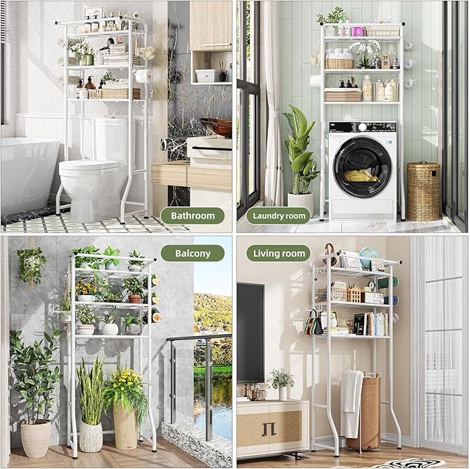Simple Trending 3 Tier Over The Toilet Storage Rack, Metal Bathroom Shelf, Bathroom Stand Organizer Space Saver with Paper Holder and Hooks, White