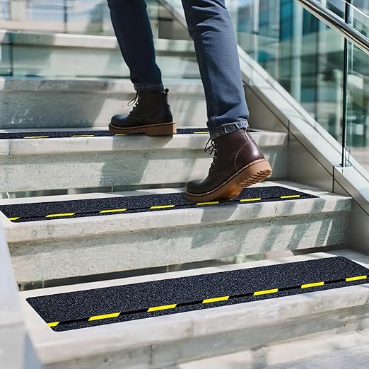 LifeGrip Anti Slip Stair Treads with Reflective Stripe (10-Pack), 8" X 32", Ourdoor Grip Tape Non Slip, Waterproof Safety Non Skid Tape, High Traction Friction Abrasive Adhesive for Step, Black/Yellow