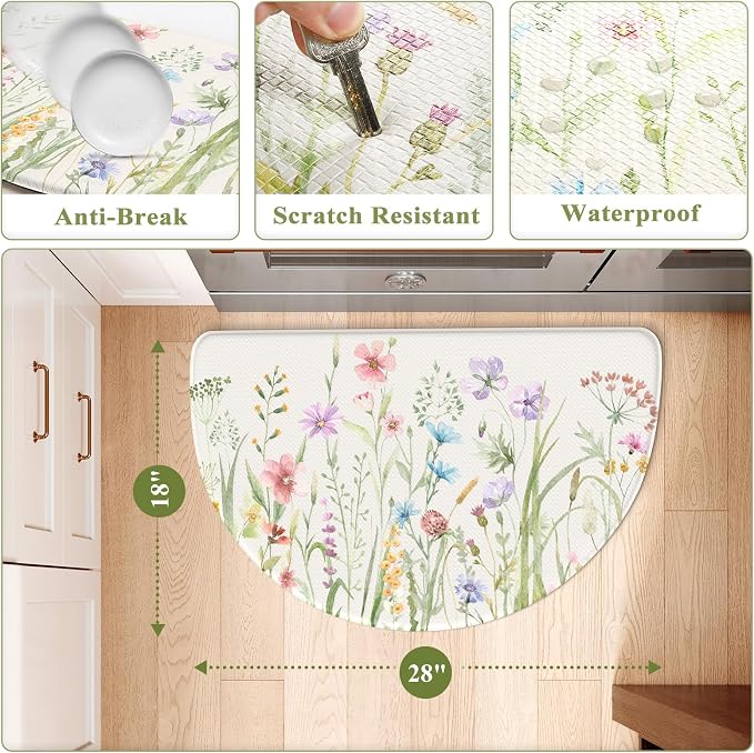KIMODE Anti Fatigue Mat for Kitchen Floor, 18"x28" Half Circle Memory Foam Kitchen Floor Mats Cushioned Non Slip, Comfort Standing Mats, Boho White Kitchen Rug for Sink Laundry Office Desk