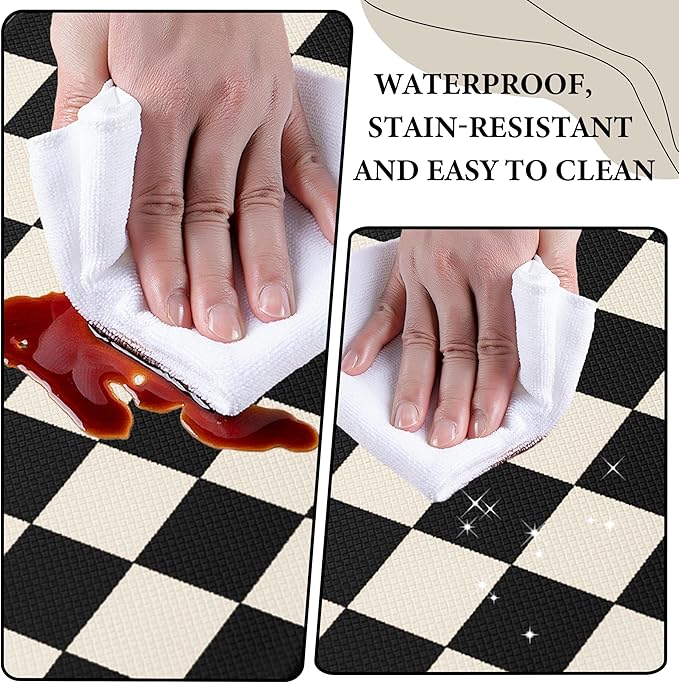 Beige Black Checkered Grid Checkerboard Kitchen Rug Sets [1 PC], Anti-Fatigue, Waterproof Non-Slip Kitchen Mats Heavy Duty Comfort Foam Rug for Kitchen, Floor, Laundry,17"x47"