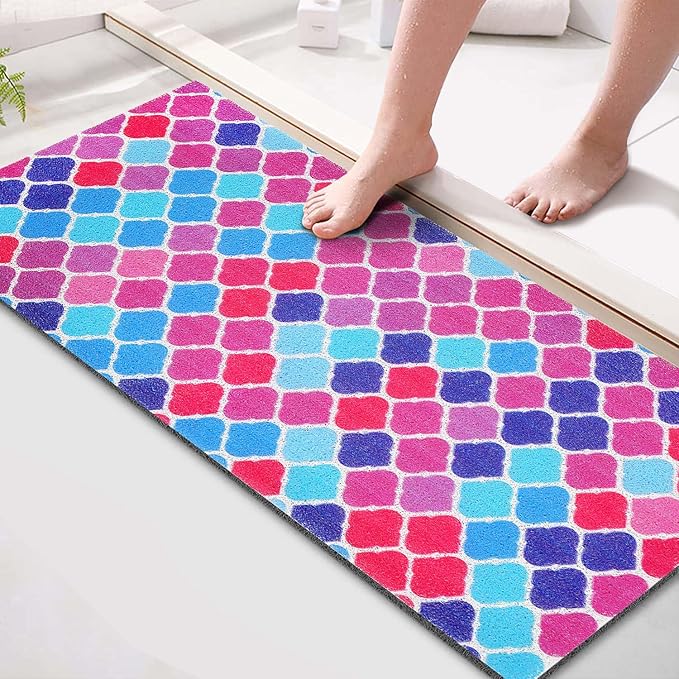 godehone Shower Mats Non Slip Without Suction Cups, PVC Loofah Bathroom Mats, Loofah Mats for Shower and Bathroom, Quick Drying, 15.7× 36 Inch, Colorful Geometric