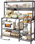 SUPERJARE Bakers Rack with Power Outlet, 47.2 Inches Coffee Bar with 3 Level-Adjustable Open Shelves, Wire Basket, Kitchen Microwave Stand with 6 S-Shaped Hooks, Grey