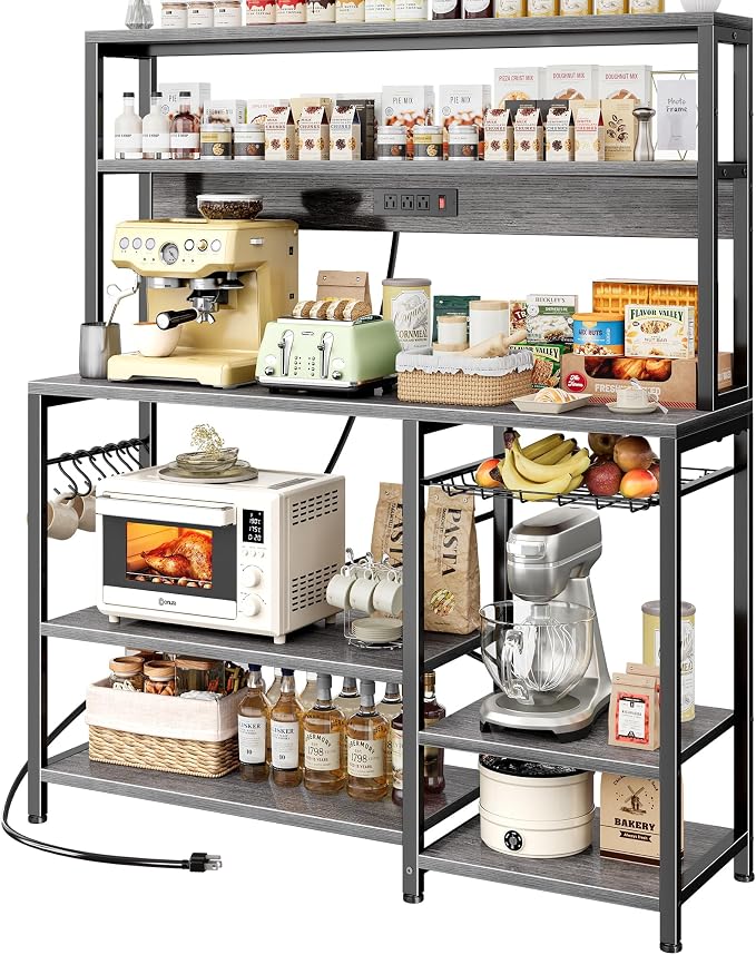 SUPERJARE Bakers Rack with Power Outlet, 47.2 Inches Coffee Bar with 3 Level-Adjustable Open Shelves, Wire Basket, Kitchen Microwave Stand with 6 S-Shaped Hooks, Grey