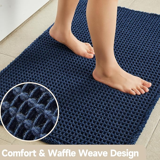TYUU Waffle Bath Mat, Boho Bathroom Rugs Non Slip Washable Super Absorbent Quick Dry Bath Mat Farmhouse Bathroom Decor, 48"x24" Navy Blue