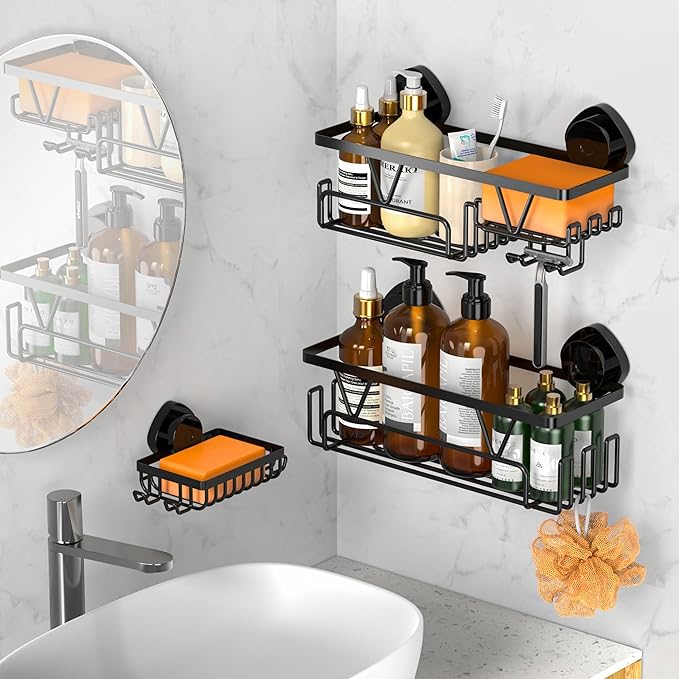 KEGII Shower Caddy Suction Cup – Removable Suction Bathroom Organizers Shelf with Soap Holder, Razor Holder & Hooks, Rustproof Shower Storage for Renters, No Drilling Black Bathroom Storage Basket