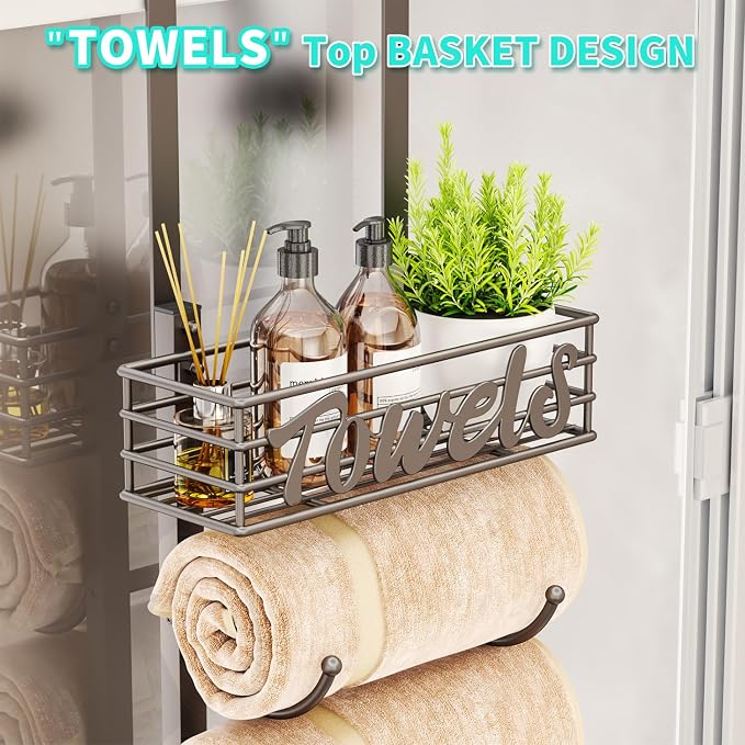 HapiRm Towel Racks for Bathroom Storage - 6 Tier Over The Door & Wall Mount Rolled Towel Storage Organizer Holder with Metal Shelf Basket for Small Bathroom, Camper, Rv - Patented