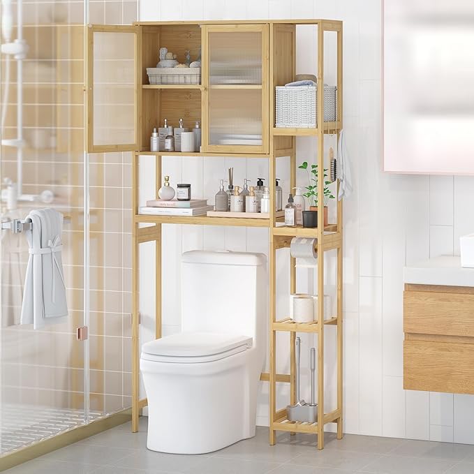 Over the Toilet Storage Cabinet Above Toilet Bathroom Organizer with Toilet Paper Holder Stand Bath Organizer with Adjustable Shelves & Acrylic Doors,Anti-Tip Device (Nature)