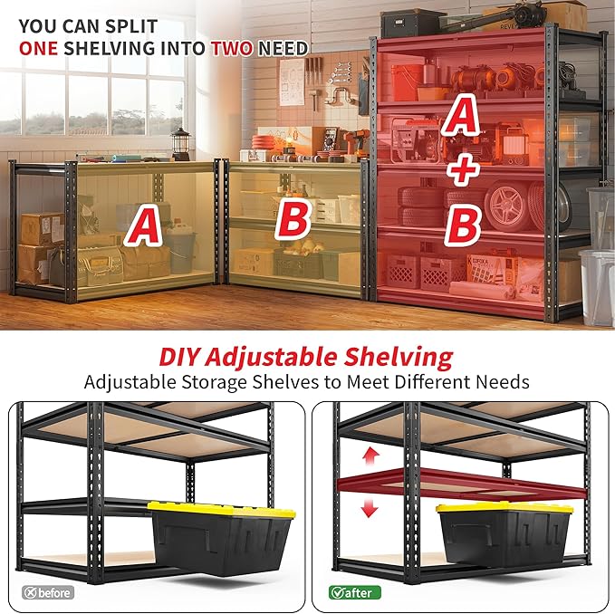 REIBII 2400LBS Garage Shelving 5 Tier Storage Shelves Heavy Duty, Adjustable Metal Shelving Unit,Garage Shelves for Basement,Warehouse,Pantry,Closet,Kitchen 72" H x 35.55" W x 16" D,2 Pack | Heavy Duty