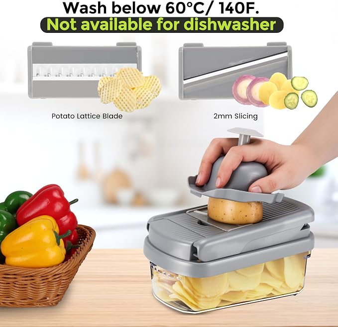 Vegetable Chopper,12-in-1 Multifunctional Food Chopper,Professional Onion Chopper with 7 Blades,Vegetable Cutter with Container for Salad,Potato,Carrot,and Garlic Essential Kitchen Tool (Silver gray)