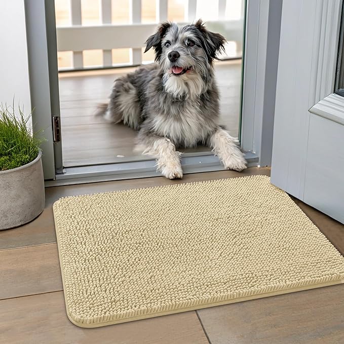 Smiry Dog Door Mat for Muddy Paws 24x16, Absorbent Dirt Trapper, Non-Slip Washable Chenille Entryway Rug for Inside Floor, Cream White, Classic Solid