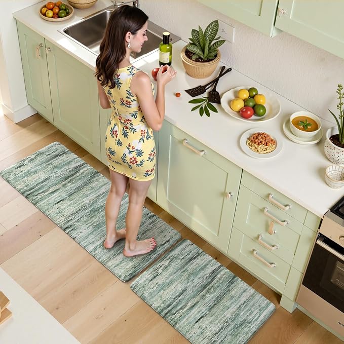 KIMODE Anti Fatigue Kitchen Mats for Floor 20"x47"+20"x32", Cushioned Abstract Kitchen Rugs Sets of 2, Padded Kitchen Floor Mats, Comfort Standing Mats for Laundry Office Sink Desk Green