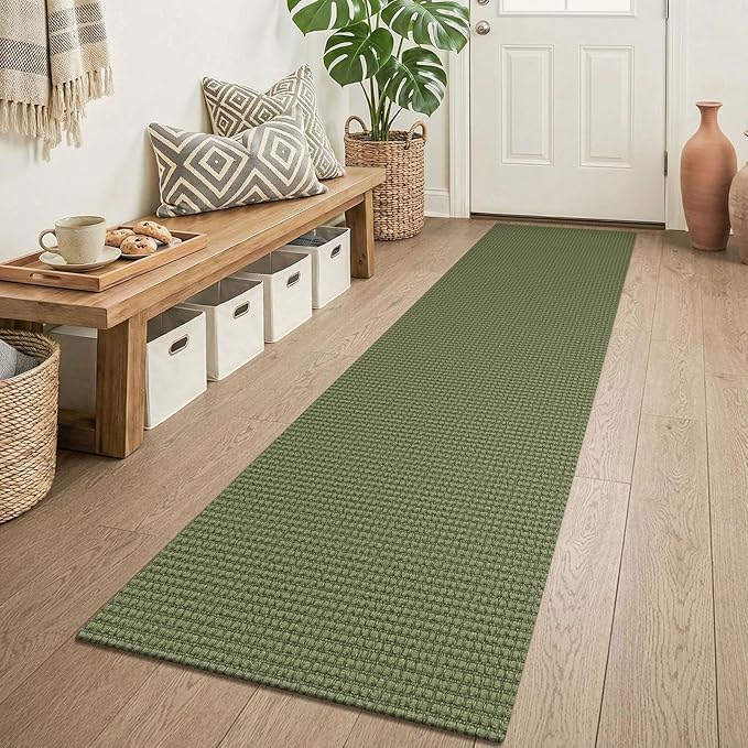 KOZYFLY Cotton 2x6 Washable Runner Rug, Non Slip Runners for Hallway, Woven Entryway Runner, Braided Floor Carpet Runner for Entry, Kitchen, Bedside, Hall, Olive Green/Earthy Green