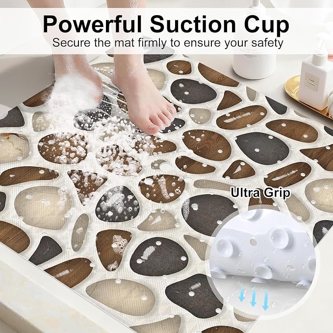 Square Shower Mat, 21x21 Inch Non Slip Shower Mats for Inside Shower Stall, Soft PVC Anti Slip Shower Mat with Sucion Cups, Machine Washable Bathroom Shower Floor Mat for Elderly Kids