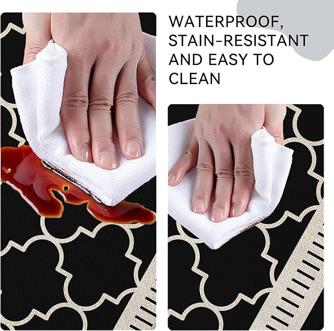Black Vintage Moroccan Grid Elegance Kitchen Rug Sets [2 PCs], Anti-Fatigue, Waterproof Non-Slip Kitchen Mats Heavy Duty Comfort Foam Rug for Kitchen, Floor, Laundry,17"x29"+17"x47"