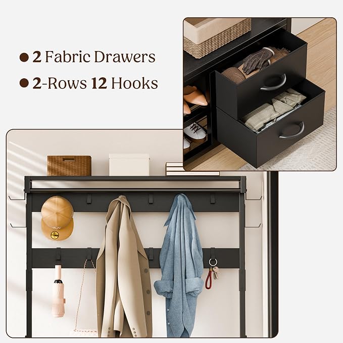 Lulive Hall Tree with Bench and Shoe Storage, 39.4” Entryway Bench with Coat Rack freestanding, 5 in 1 Entryway Furniture Organizer Large Coat and Shoe Rack with 21 Hooks and Drawers, Black