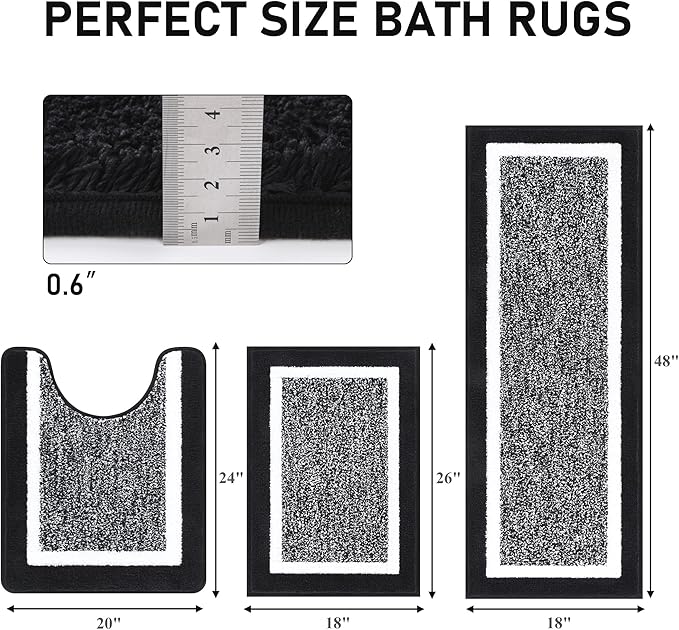 Pauwer Bathroom Rug Mat Set 3 Piece, Microfiber Shaggy Bath Set, Non-Slip Ultra Soft Carpet Mats, Absorbent with U-Shaped Toilet for Bathroom, Tub, Shower, Black